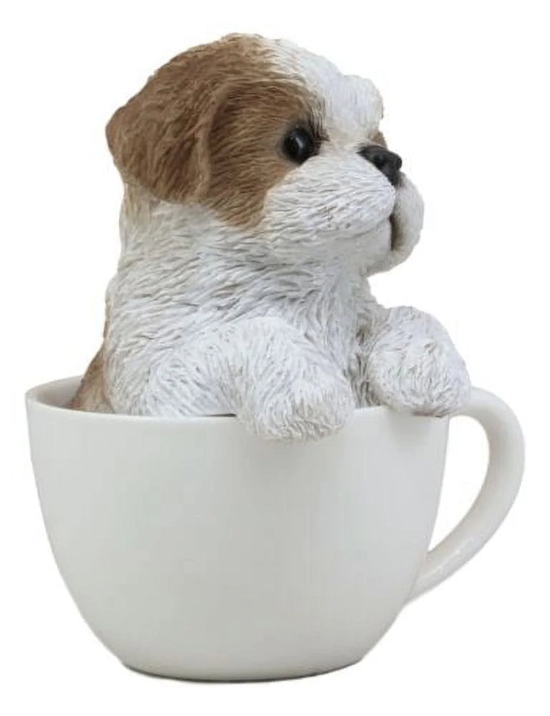 5.75” Realistic Shih Tzu Dog in Teacup Garden Statue, Hand Painted